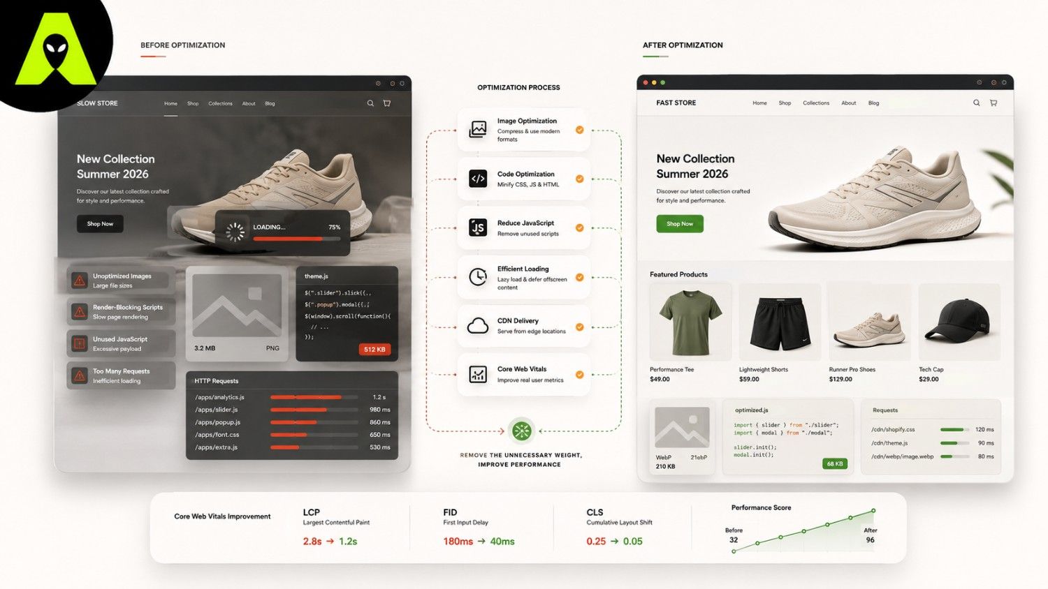 Shopify speed optimization steps showing Core Web Vitals, image compression, and app cleanup improving store load time