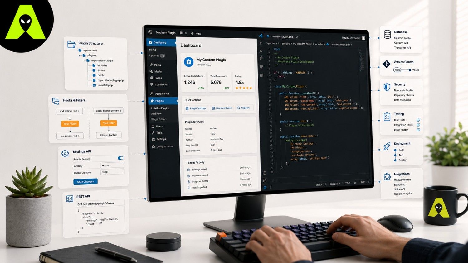 WordPress plugin development process showing plugin folder structure, hooks, and the WordPress admin dashboard