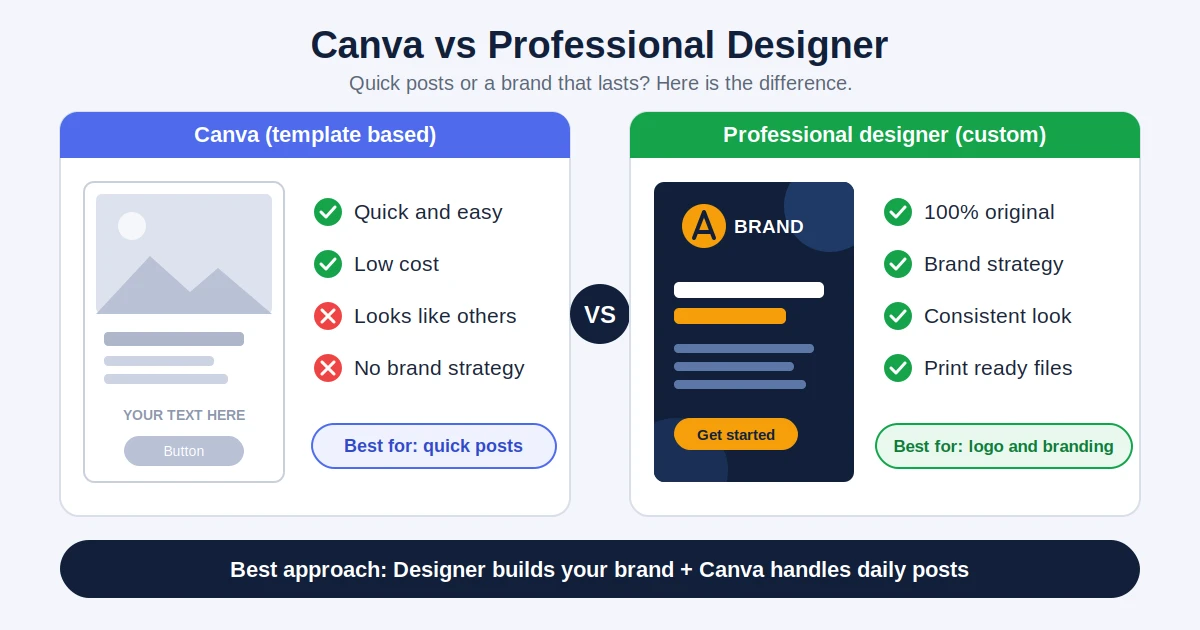 Side-by-side comparison of a template-based Canva design and a custom design made by a professional graphic designer