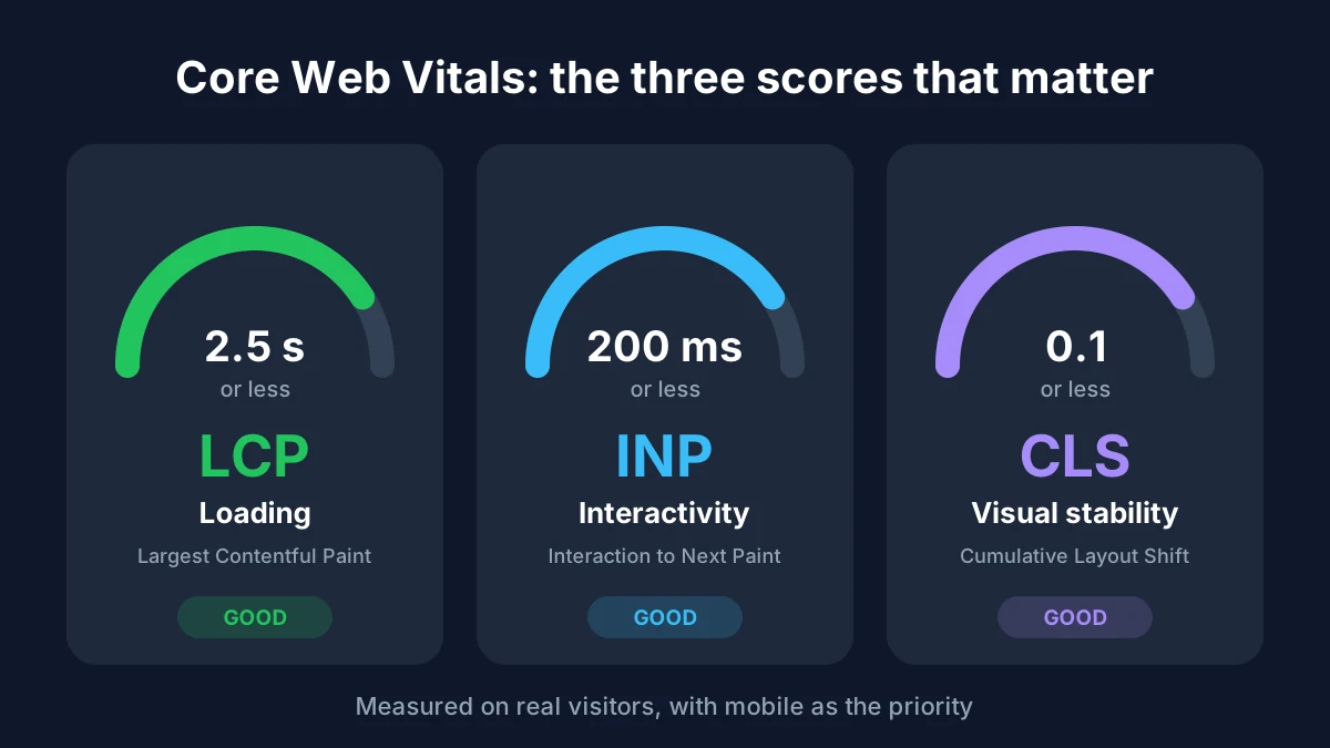 Core Web Vitals scorecard showing LCP, INP and CLS targets