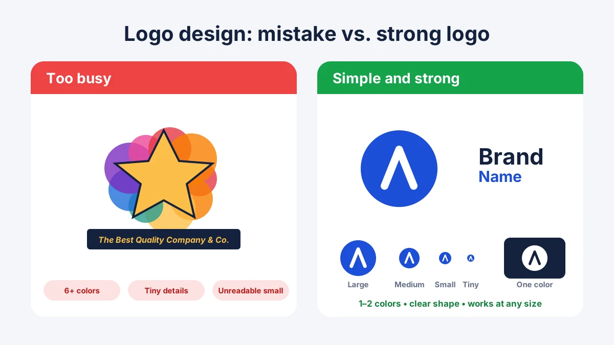 Comparison of a cluttered logo and a simple, strong logo shown at different sizes