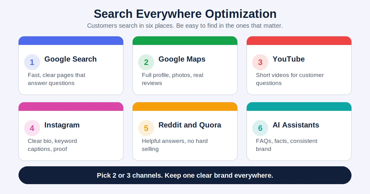 Infographic showing six places customers search: Google, Maps, YouTube, Instagram, communities like Reddit, and AI assistants