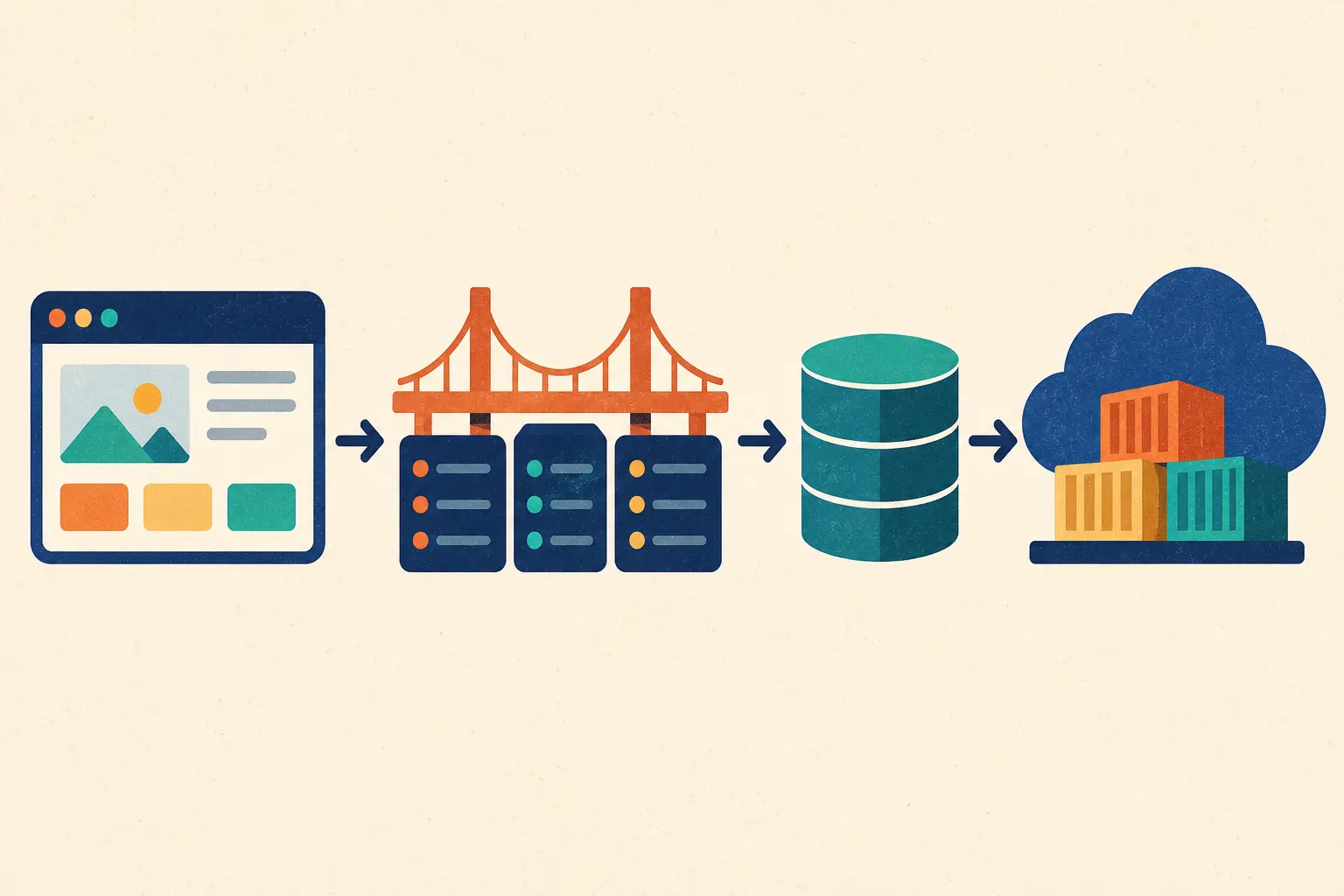 Diagram-style illustration showing a browser, API, backend, database and cloud deployment connected together