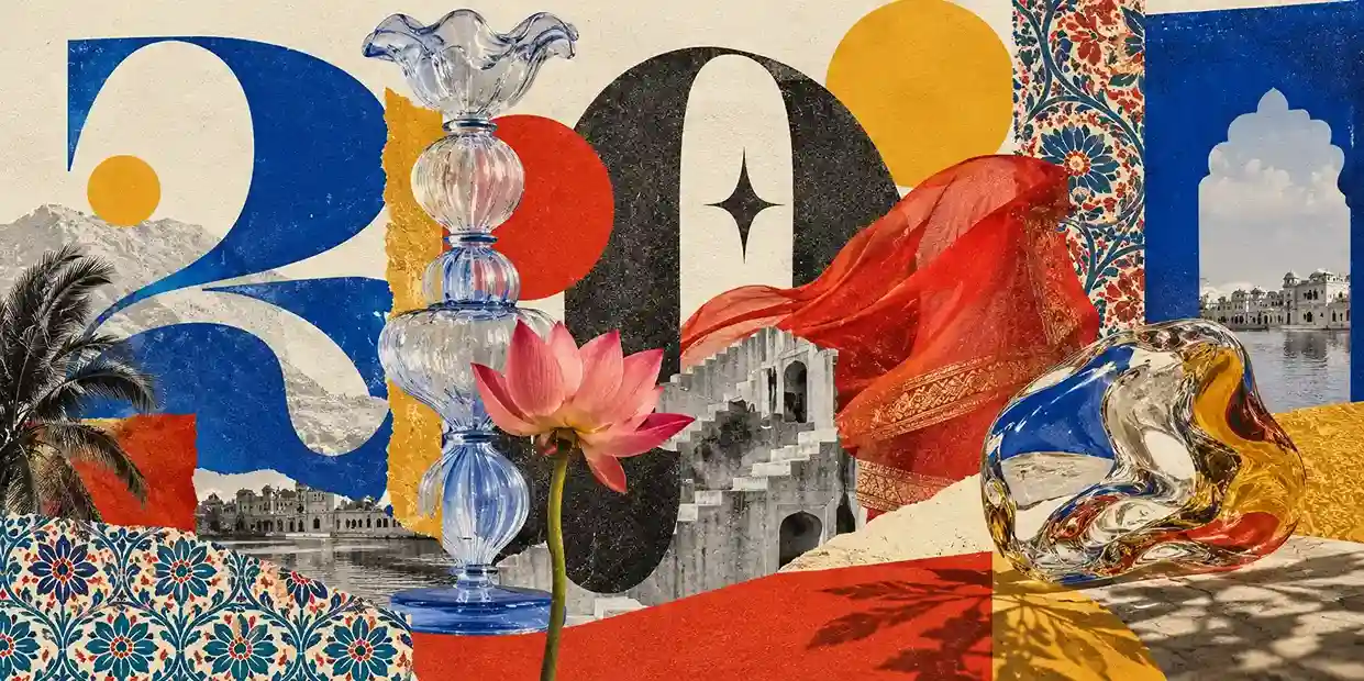 Editorial collage showing tactile paper, expressive shapes, surreal glass and Indian-inspired patterns
