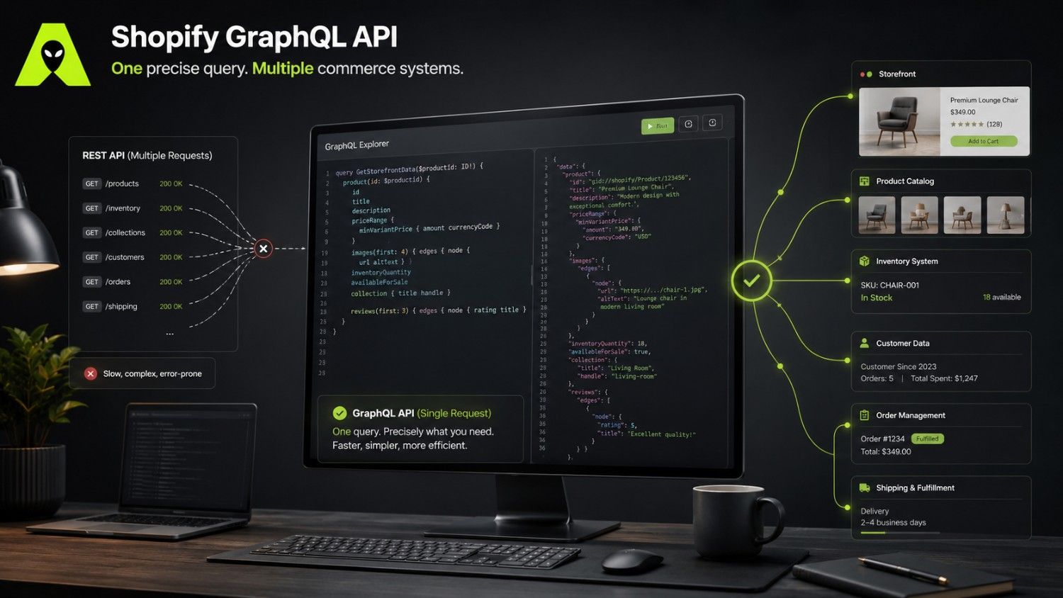 Shopify GraphQL API workflow showing GraphQL queries connecting to the Admin API and Storefront API for Shopify app development